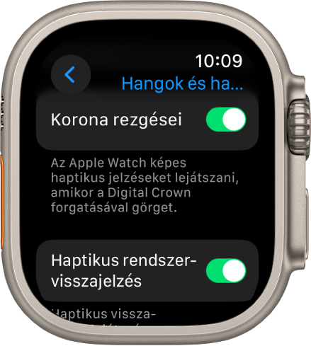 A Korona rezgései képernyő; a Korona rezgései funkció be van kapcsolva. A Haptikus rendszervisszajelzés kapcsoló alább látható.