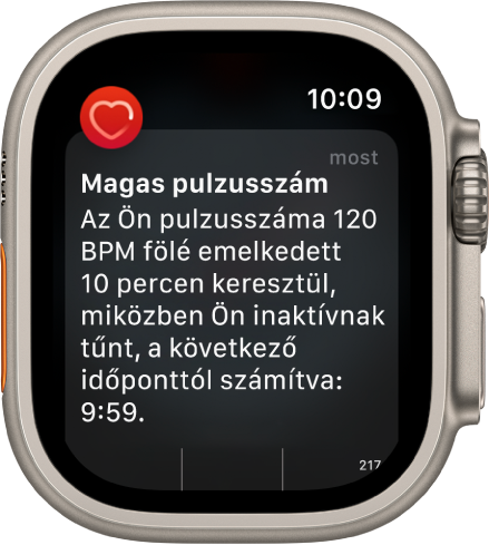 A Magas pulzusszám képernyője, amelyen egy értesítés jelzi, hogy a pulzusszáma 120 BPM fölé ment 10 percig, miközben úgy tűnt, hogy nem végez aktivitást.