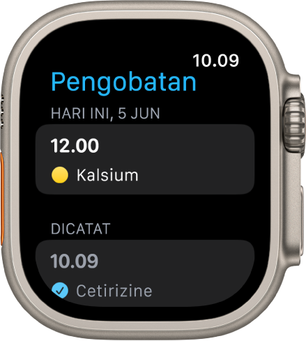 App Pengobatan menampilkan pengobatan tercatat.