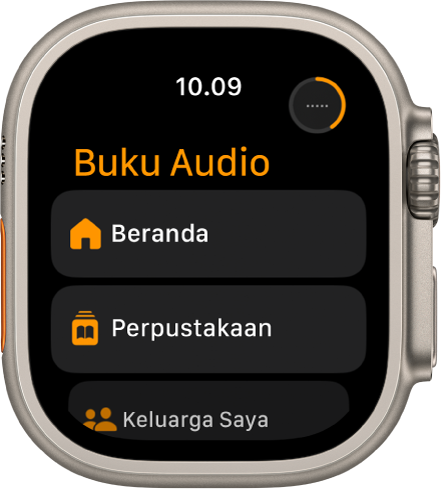 App Buku Audio menampilkan tombol Beranda, Perpustakaan, dan Keluarga Saya.