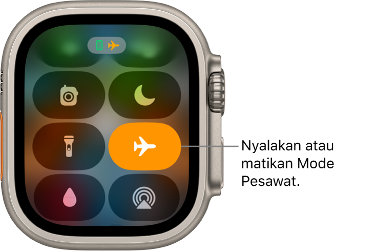 Pusat Kontrol dengan tombol Mode Pesawat yang disorot untuk menampilkan Mode Pesawat sudah menyala.