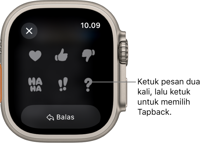 Percakapan Pesan dengan pilihan Tapback: hati, jempol ke atas, jempol ke bawah, Ha Ha, !!, dan ?. Tombol Balas di bawah.