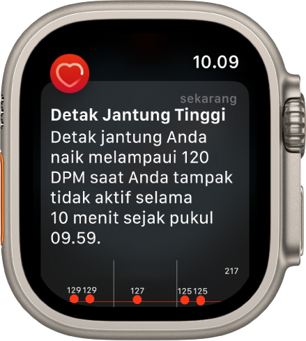 Layar Detak Jantung Tinggi menampilkan pemberitahuan bahwa detak jantung Anda naik melampaui 120 DPM selama 10 menit saat Anda tampak tidak aktif.