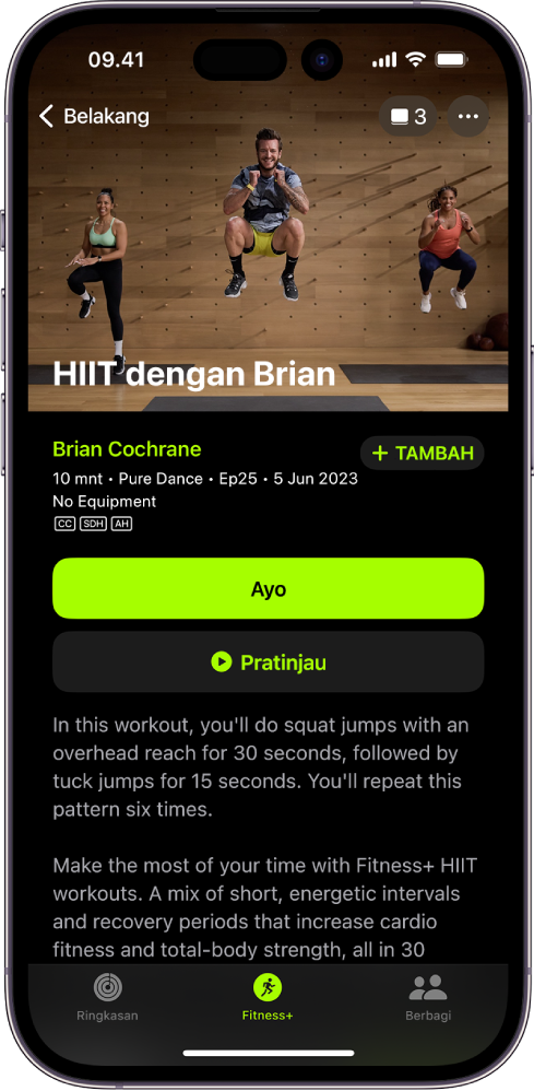 Layar Apple Fitness+ menampilkan olahraga. Gambar pelatih menjalankan olahraga di bagian atas layar. Judul olahraga dan nama pelatih yang memandu olahraga berada di bagian tengah. Tombol untuk memulai dan mempratinjau olahraga terdapat di atas detail olahraga.