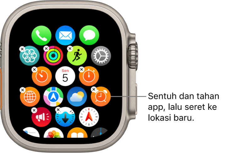 Layar Utama Apple Watch dalam tampilan grid.