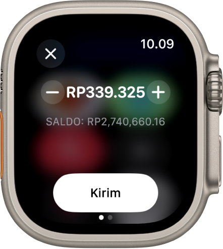 Layar Pesan menunjukkan bahwa pembayaran Apple Cash sedang disiapkan. Jumlah dolar di bagian atas. Saldo saat ini di bawah dan tombol Kirim di bagian bawah.