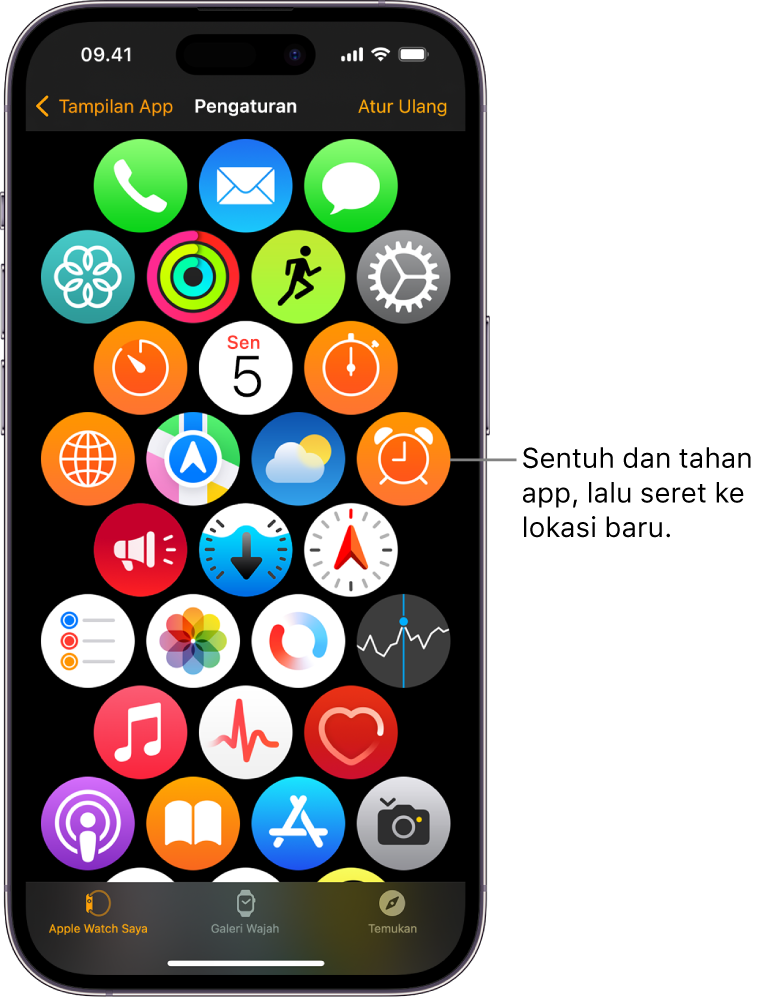 Layar Susunan pada app Apple Watch menampilkan grid ikon.