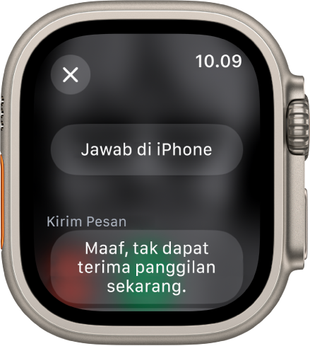 App Telepon menampilkan pilihan panggilan masuk. Tombol Jawab di iPhone berada di bagian atas dan saran balasan terdapat di bawah.