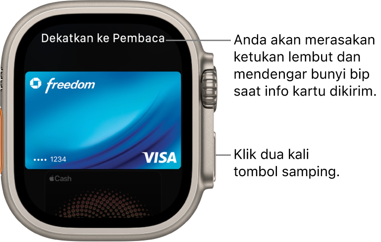 Layar Apple Pay dengan “Dekatkan ke Pembaca” di bagian atas; Anda akan merasakan ketukan lembut dan mendengar bunyi bip saat info kartu Anda dikirim.