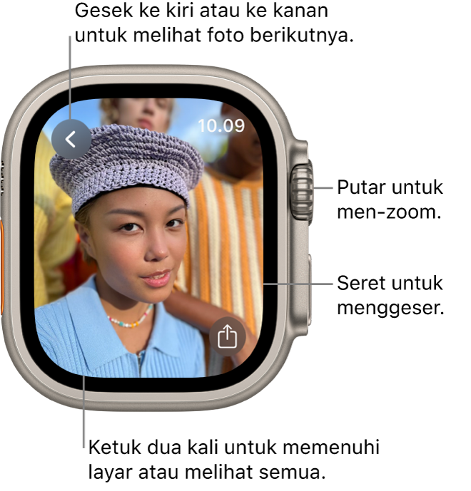 Saat melihat foto, putar Digital Crown untuk men-zoom, seret untuk menggeser, atau ketuk dua kali untuk beralih antara melihat semua foto dan mengisi layar. Gesek ke kiri atau kanan untuk melihat foto berikutnya. Tombol Bagikan terdapat di kanan atas.