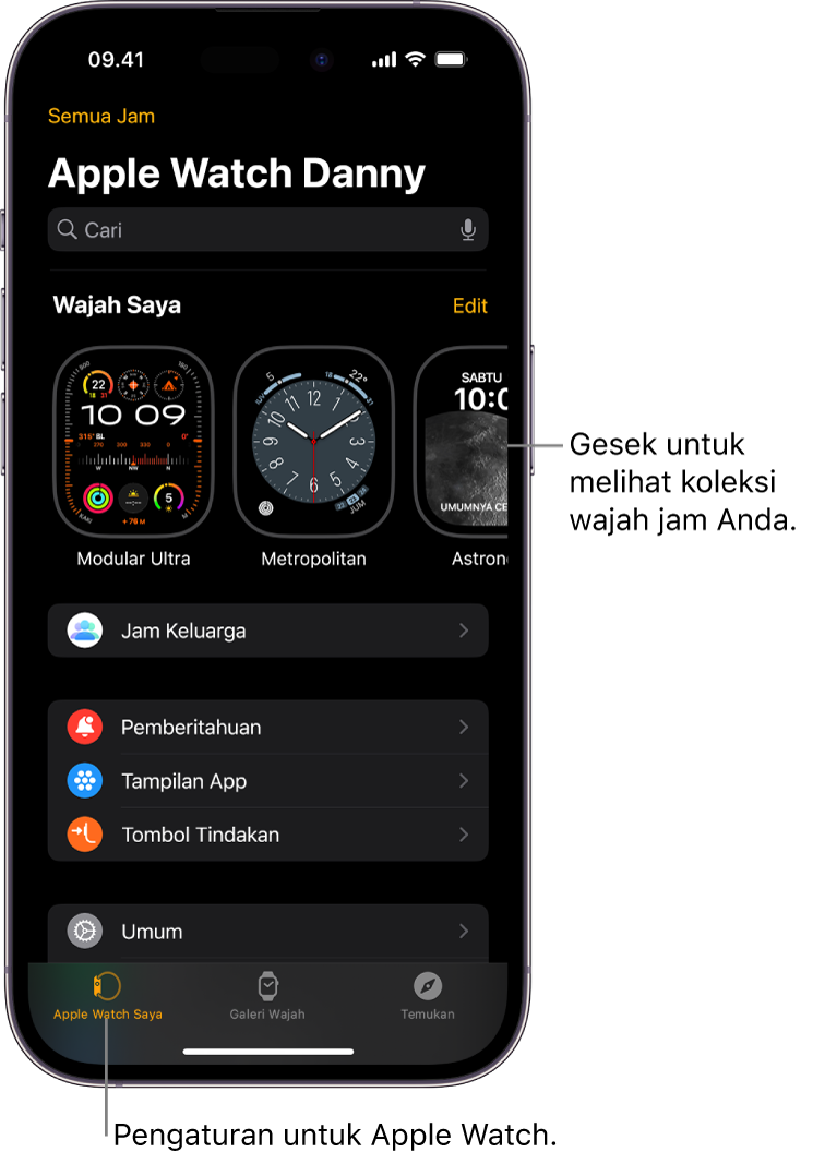 App Apple Watch di iPhone dibuka pada layar Apple Watch Saya, yang menampilkan wajah jam Anda di dekat bagian atas, dan pengaturan di bawahnya. Terdapat tiga tab di bagian bawah layar app Apple Watch: tab kiri adalah Apple Watch Saya di mana Anda membuka pengaturan Apple Watch; berikutnya adalah Galeri Wajah di mana Anda dapat menjelajahi wajah dan komplikasi jam yang tersedia; lalu Temukan, tempat Anda dapat mempelajari Apple Watch lebih lanjut.