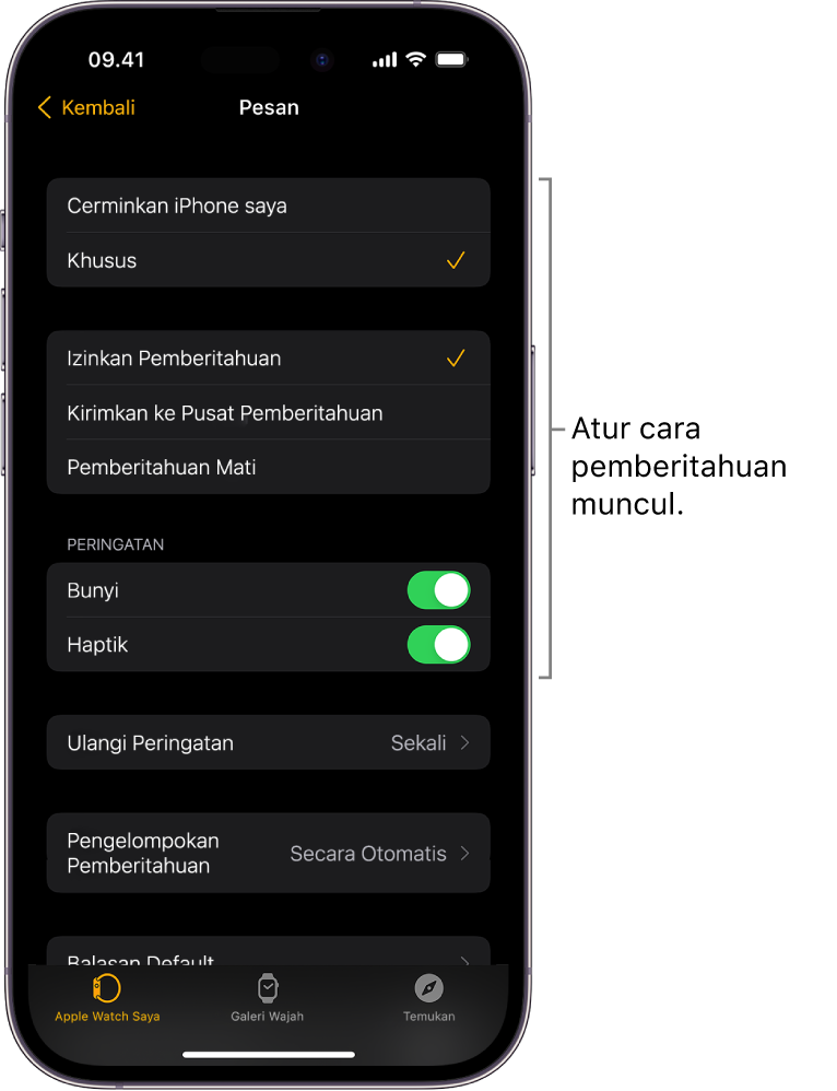 Pengaturan Pesan di app Apple Watch pada iPhone. Anda dapat memilih untuk menampilkan peringatan, menyalakan bunyi, menyalakan haptik, dan mengulangi peringatan.