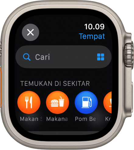 Layar Cari di app Peta, dengan bidang Cari di dekat bagian atas. Heading Temukan Di Sekitar muncul di dekat bagian bawah dengan kategori seperti makan siang dan pom bensin.