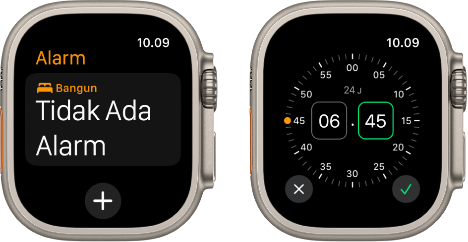 Dua layar jam menampilkan proses untuk menambahkan alarm: Ketuk Tambah Alarm, ketuk AM atau PM, putar Digital Crown untuk menyesuaikan waktu, lalu ketuk tombol centang.