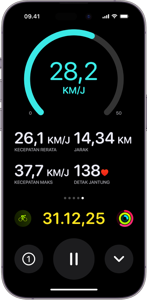 Olahraga bersepeda yang sedang berlangsung ditampilkan sebagai Aktivitas Langsung di iPhone dan menampilkan kecepatan, kecepatan rerata, jarak yang ditempuh, kecepatan maksimum, detak jantung, dan total waktu berlalu dari olahraga.