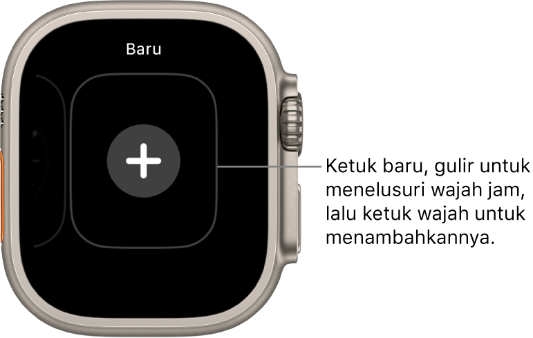 Layar wajah jam baru, dengan tombol tambah di bagian tengah. Ketuk untuk menambah wajah jam baru.