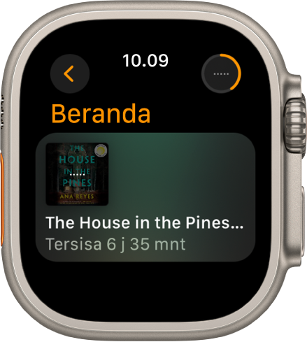 Layar Beranda di app Buku Audio. Tombol Sedang diputar di kanan atas. Buku yang sedang diputar ditampilkan di bagian tengah, dengan sisa waktu ditampilkan di bawah judul.