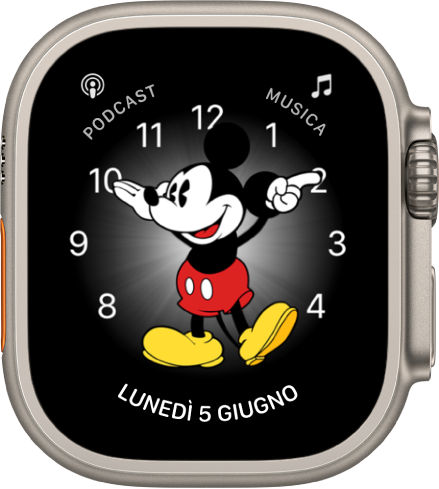 Il quadrante Topolino in cui puoi aggiungere molte complicazioni. Mostra tre complicazioni: Podcast, in alto a sinistra, Musica, in alto a destra, e Meteo, in basso.