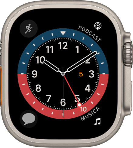 Il quadrante GMT, dove è possibile regolare il colore del quadrante. Sono mostrate quattro complicazioni: Allenamento, in alto a sinistra, Messaggi, in alto a destra, Timer, in basso a sinistra, e Musica, in basso a destra.
