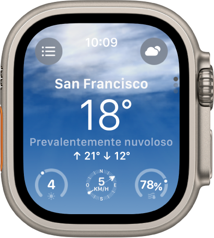 L’app Meteo che mostra una panoramica con le previsioni meteo per la giornata. Il nome della località è visualizzato in basso con la temperatura attuale. In basso sono presenti tre pulsanti: Indice UV, Velocità vento e Precipitazioni. L’elenco di luoghi è in alto a sinistra, mentre in alto a destra è visualizzato il pulsante Condizioni.