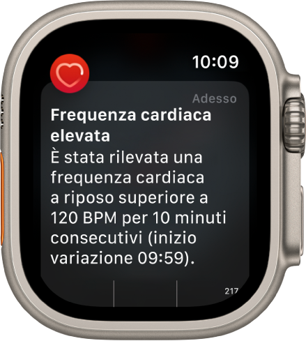 Una notifica sul battito cardiaco che indica una frequenza elevata.