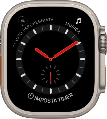 Il quadrante Esplorazione è un orologio analogico. Mostra tre complicazioni: in alto a sinistra, il waypoint con la posizione dell’auto parcheggiata, Musica, in alto a destra, e Timer, in basso.