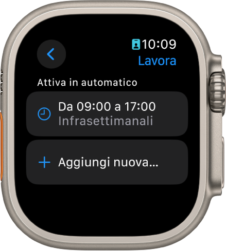 La schermata della full immersion Lavoro che mostra un programma dalle 09:00 alle 17:00 durante la settimana. Nella parte inferiore è visibile il pulsante “Aggiungi nuova”.