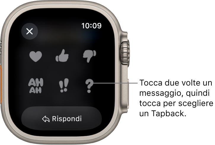 Una conversazione in Messaggi con opzioni Tapback: cuore, pollice verso l’alto, pollice verso il basso, AHAH, !! e ?. Sotto è visibile il pulsante di risposta.