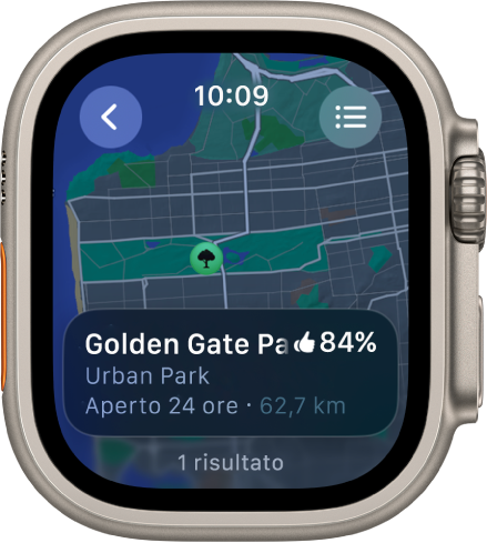 L’app Mappe con una mappa del Golden Gate Park di San Francisco, con una valutazione del parco, gli orari di apertura e la distanza dalla posizione attuale. In alto a destra è visibile un pulsante con i diversi itinerari disponibili. In alto a sinistra è visibile il pulsante Indietro.