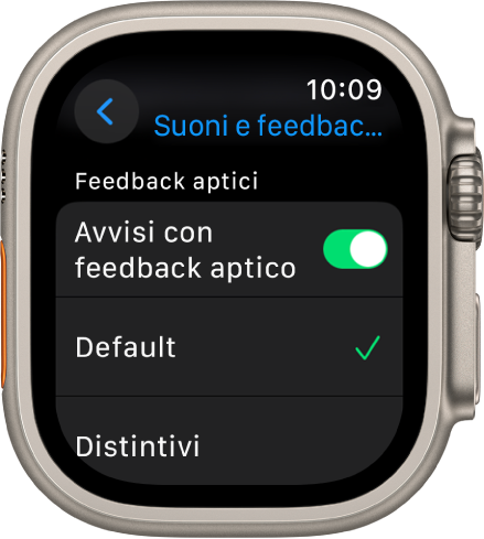 Impostazioni “Suoni e feedback aptico” su Apple Watch, con l’interruttore “Avvisi con feedback aptico” e le opzioni Default e Distintivo sotto.