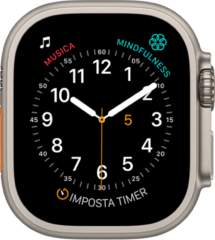 Il quadrante Funzionale in cui puoi regolare il colore della lancetta dei secondi, la numerazione e i dettagli del quadrante. Vengono visualizzate tre complicazioni: Musica, in alto a sinistra, Mindfulness, in alto a destra, e Timer, in basso.