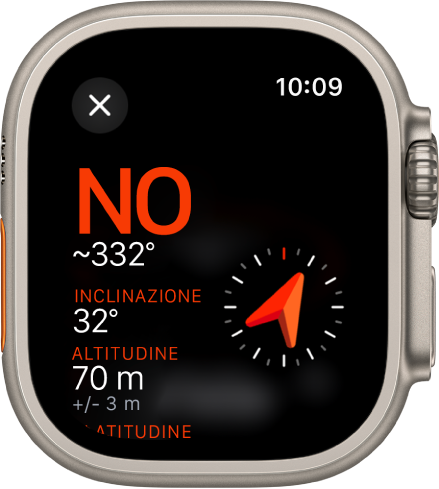 L’app Bussola con la schermata delle informazioni. Il rilevamento è al centro, a sinistra, con la bussola che punta verso nord-ovest, a 332 gradi. Sotto vengono mostrate l’inclinazione e l’altitudine correnti. A destra è presente l’icona della bussola. In basso a sinistra è presente il pulsante Chiudi.