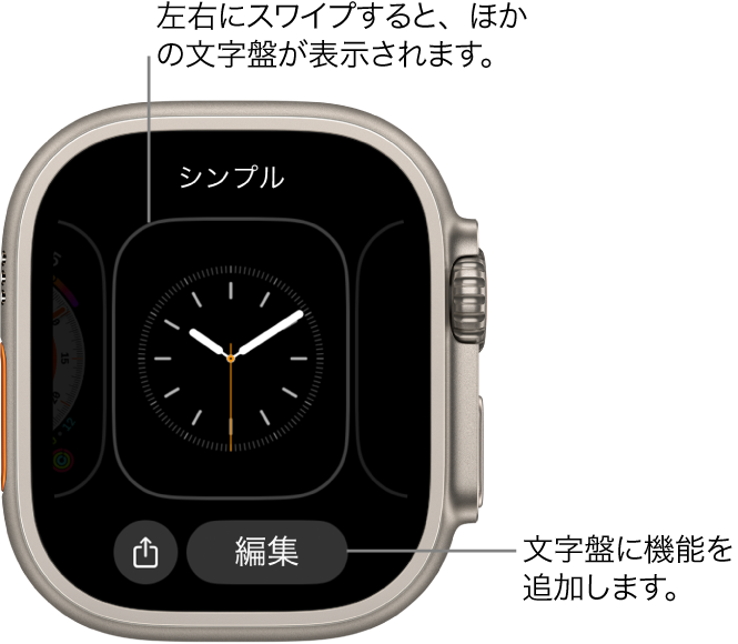 文字盤をタッチして押さえたままにすると、現在の文字盤の下に「共有」ボタンと「編集」ボタンが表示されます。上部に文字盤の名前が表示されています。左または右にスワイプすると、ほかの文字盤のオプションを表示できます。コンプリケーションをタップすると、必要な機能を追加できます。