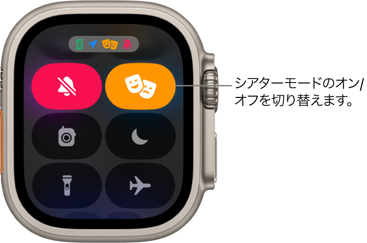 コントロールセンター。シアターモードボタンと消音モードボタンが強調表示されて、シアターモードがオンになっていることを示しています。