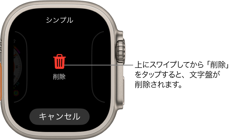 「削除」ボタンと「キャンセル」ボタンが表示されているApple Watchの画面。これらのボタンは、いずれかの文字盤までスワイプしてから、削除するために上にスワイプしたときに表示されます。