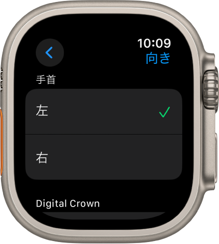 Apple Watchの「向き」画面。装着する腕とDigital Crownの設定を変えることができます。