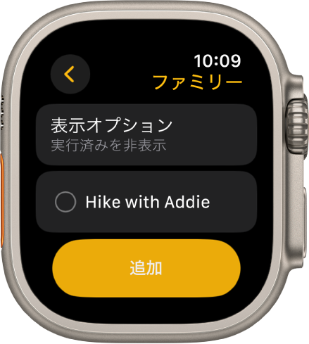 リマインダーアプリ。リマインダーが表示されています。上部に「表示オプション」ボタンがあり、その下にリマインダーがあります。下部には「リマインダーを追加」ボタンがあります。
