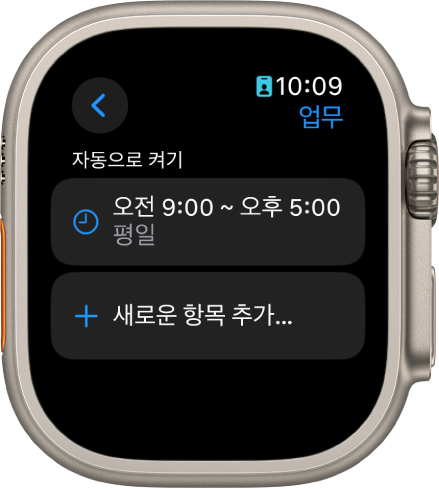 평일 오전 9시부터 오후 5시까지의 일정을 표시하는 업무 집중 모드 화면. 아래에는 새로운 항목 추가 버튼이 있음.
