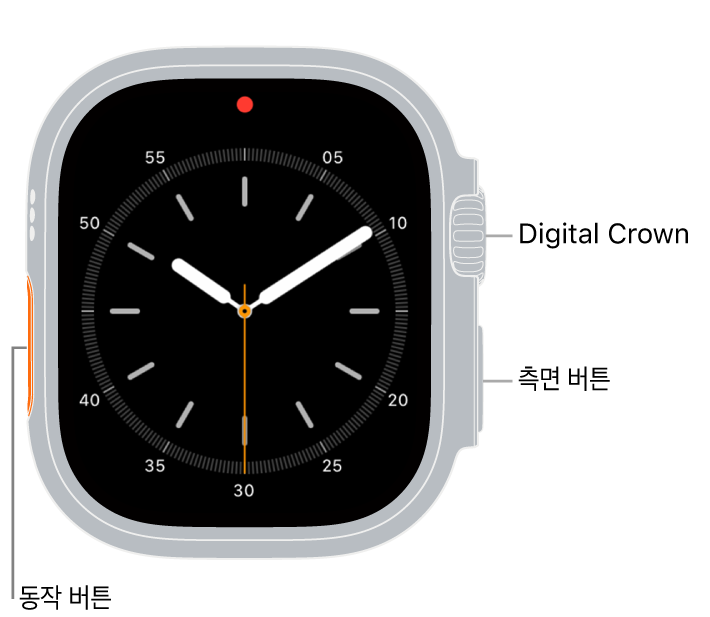 시계 페이스를 보여 주는 디스플레이와 시계 측면에 Digital Crown, 마이크 및 측면 버튼이 위에서부터 아래로 보이는 Apple Watch Ultra의 전면.