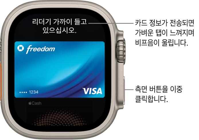 상단에 ‘결제하려면 리더기 가까이 가져갑니다’가 표시된 Apple Pay 화면. 카드 정보가 전송되면 가벼운 탭이 느껴지며 삐 소리가 들림.