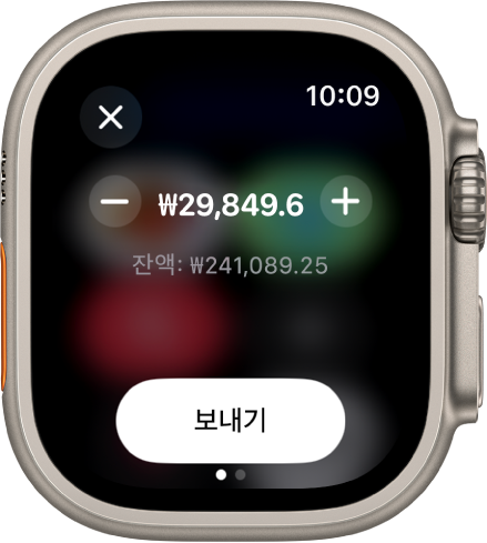Apple Cash로 결제할 준비가 되어 있음을 표시하는 메시지 앱 화면. 달러 금액이 상단에 있음. 현재 잔액이 아래에 표시되며, 보내기 버튼이 하단에 있음.