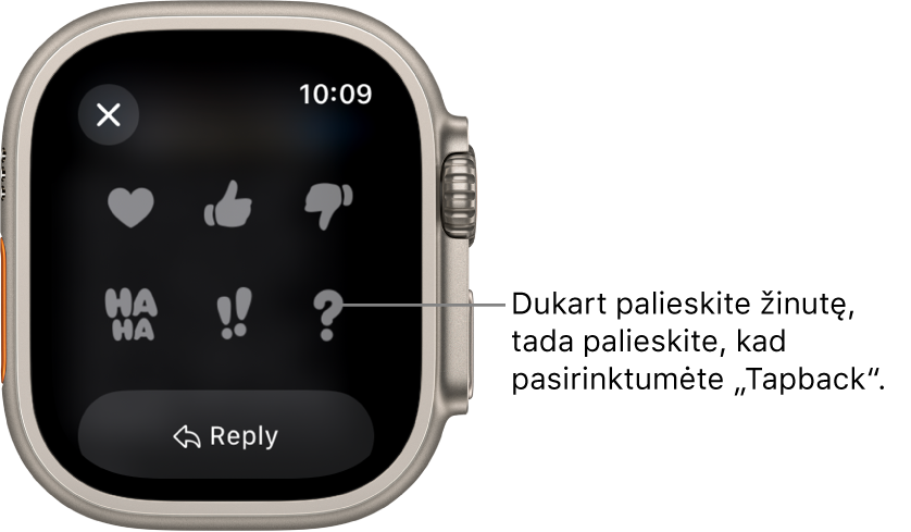 „Messages“ pokalbis ir „Tapback“ parinktys: širdis, iškeltas nykštys, nuleistas nykštys, „Ha Ha“, „!!“ ir „?“. Atsakymo mygtukas yra žemiau.