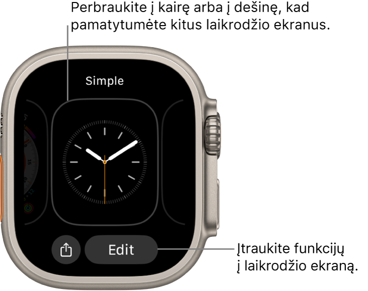 Kai paspausite ir palaikysite laikrodžio ciferblatą, matysite esamą ciferblatą bei apačioje pateiktus „Share“ ir „Edit“ mygtukus. Viršuje yra laikrodžio ciferblato pavadinimas. Perbraukite į kairę arba į dešinę, kad pamatytumėte kitus laikrodžio ciferblatus. Palieskite valdiklį, kad įtrauktumėte norimas funkcijas.