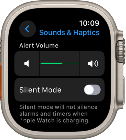 „Sounds & Haptics“ nustatymai laikrodyje „Apple Watch“, „Alert Volume“ slankiklis pateiktas viršuje, o po juo pateiktas perjungiklis „Silent Mode“.