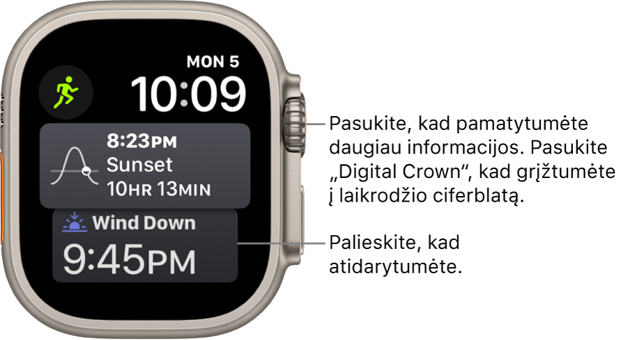 Laikrodžio ciferblatas „Siri“, viršuje dešinėje rodomi data ir laikas. Viršuje kairėje pateiktas „Moon Phase“ valdiklis. Žemiau – „Sunrise/Sunset“ valdiklis. Apačioje pateiktas „Sleep“ valdiklis.