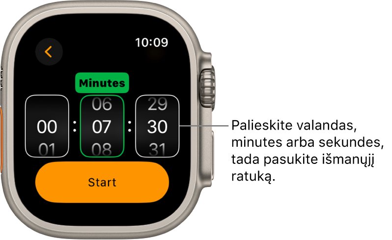 Pasirinktinio laikmačio kūrimo nustatymai: kairėje rodomos valandos, viduryje – minutės, o dešinėje – sekundės. Paleidimo mygtukas yra žemiau.