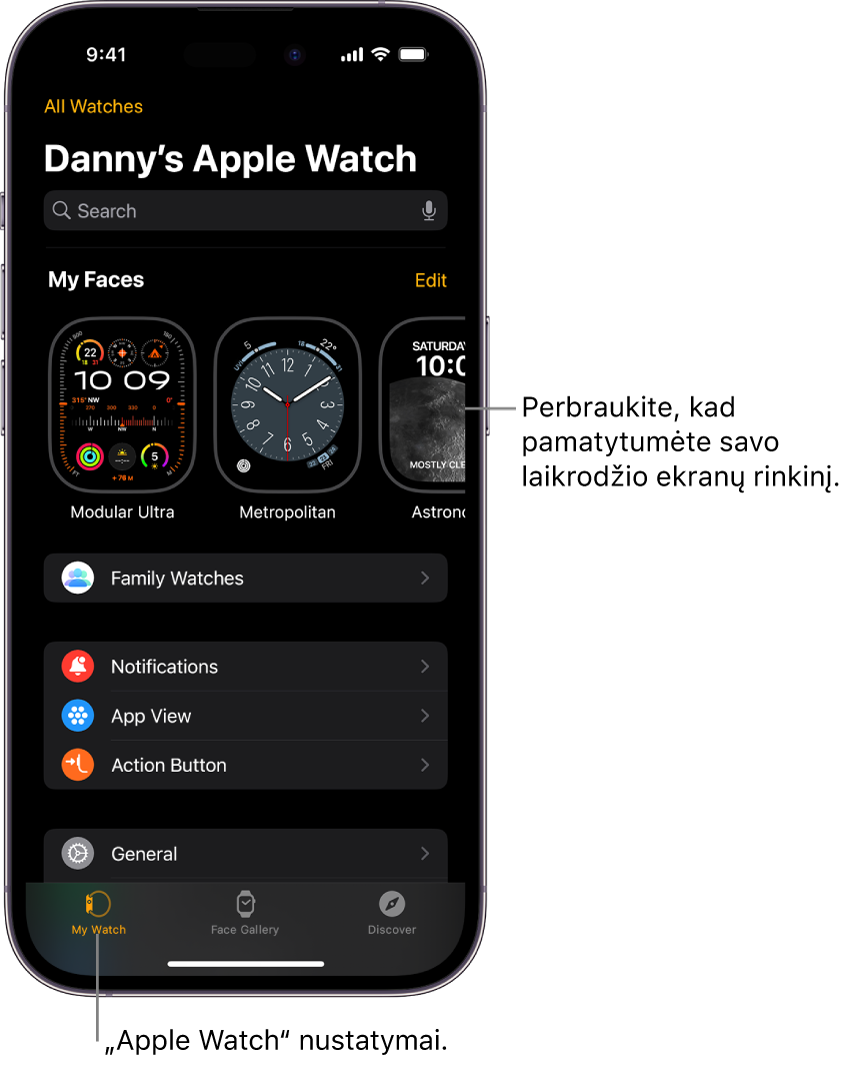 „iPhone“ programoje „Apple Watch“ atidarytas ekranas „My Watch“, kurio viršutinėje dalyje rodomi laikrodžio ciferblatai, o apatinėje dalyje – nustatymai. „Apple Watch“ ekrano apačioje pateikti trys skirtukai: kairysis skirtukas yra „My Watch“, kuriame galima keisti „Apple Watch“ nustatymus; kitas skirtukas yra „Face Gallery“, kuriame galite naršyti pateiktus laikrodžio ekranus ir valdiklius; dar kitas skirtukas yra „Discover“, kuriame galite sužinoti daugiau apie „Apple Watch“.