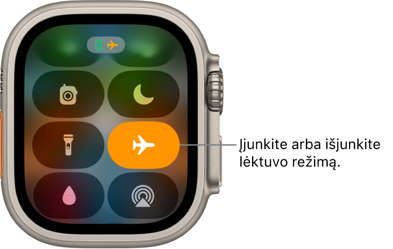 Ekranas „Control Center“, kuriame pažymėtas mygtukas „Airplane Mode“ nurodo, kad režimas „Airplane Mode“ įjungtas.