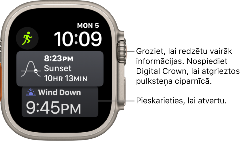 Ciparnīca Siri, kuras augšējā labajā stūrī norādīts datums un laiks. Augšējā kreisajā stūrī ir papildinājums Moon Phase. Zem tā ir papildrīks Sunrise/Sunset. Apakšdaļā ir papildrīks Sleep.