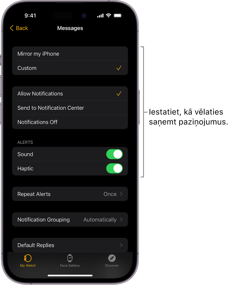 Lietotne Messages iestatījumi iPhone lietotnē Apple Watch. Varat izvēlēties, vai rādīt brīdinājumus, ieslēgt skaņu, ieslēgt taktilo signālu un atkārtot paziņojumus.